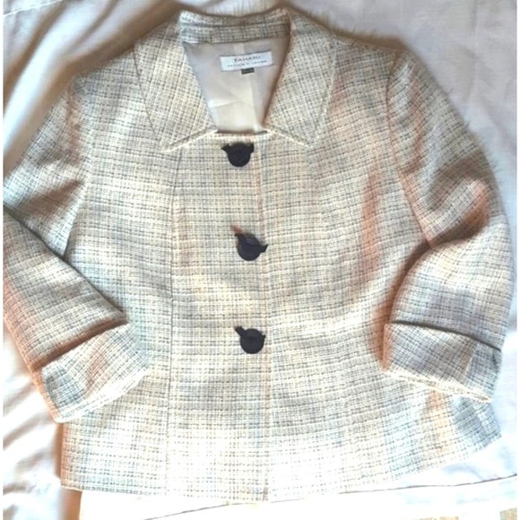 TAHARI ASL Tweed Cream & Silver Sparkle Jacket Blazer 14 Black Accent Buttons - Picture 2 of 12
